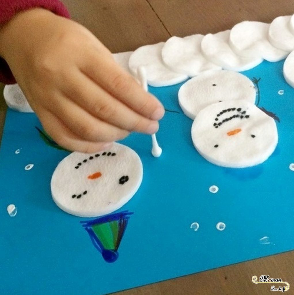 Bonhommes de neige en cotons démaquillants - activité manuelle - hiver - arts visuels maternelle - collage - peinture - pointillisme - mslf