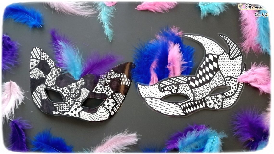 Activité enfants - fabriquer des masques graphiques noirs et blancs - graphisme et plumes - carnaval - Mardi - Gras - diy - fait maison - mslf