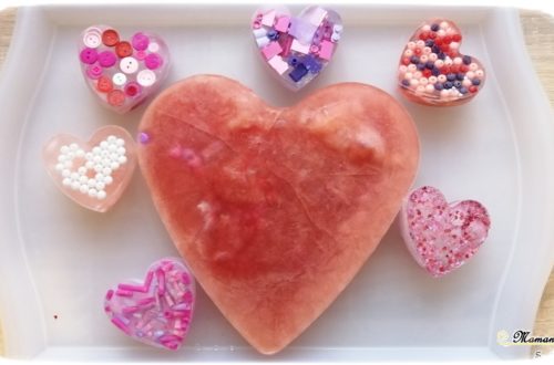 Glaçons coeurs de l'amour de la saint-Valentin - activité enfants - Sensoriel - Amitié - couleurs rose rouge violet - libérer objets - froid - glace - motricité fine - RV sur le fil - mslf