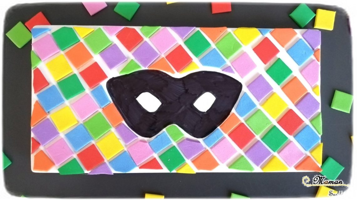 Activité enfants - Créer un tableau masque noir et arlequin - gommettes mousse carrées - carnaval - Mardi - Gras - diy - fait maison - mslf