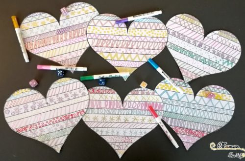 Jeu graphique de la saint-valentin - Graphisme Coeurs avec des dés - suspension 3D - DIY - Bricolage - Reproduction modèle - Amour - amitié - maternelle - mslf
