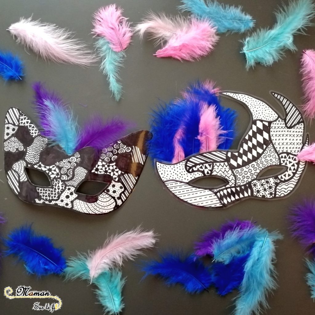 Activité enfants - fabriquer des masques graphiques noirs et blancs - graphisme et plumes - carnaval - Mardi - Gras - diy - fait maison - mslf