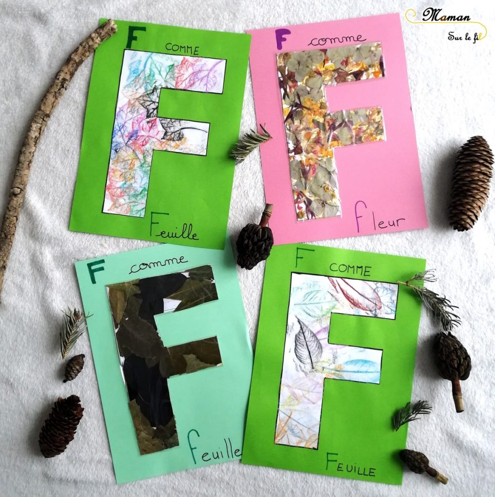 Abécédaire créatif - F comme feuilles et fleurs - activité manuelle enfants - empreintes à la pastel - marteau - collage nature - apprentissage lettres alphabet - maternelle - mslf