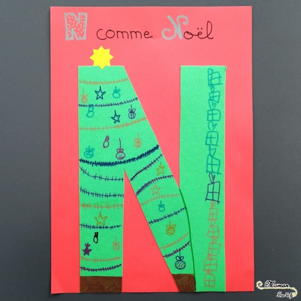 Abécédaire créatif - N comme Nuages et Noël - activité manuelle enfants - dessin sapin cadeaux - peinture au bouchon - apprentissage lettres alphabet - maternelle - mslf