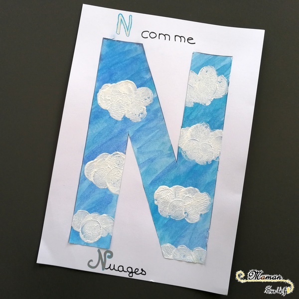 Abécédaire créatif - N comme Nuages et Noël - activité manuelle enfants - dessin sapin cadeaux - peinture au bouchon - apprentissage lettres alphabet - maternelle - mslf