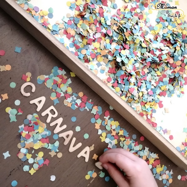 Activité Enfants - plateau sensoriel - carnaval - mardi-gras - confettis et lettres en bois - jeu - cherche et trouve - mots - pendu - mslf