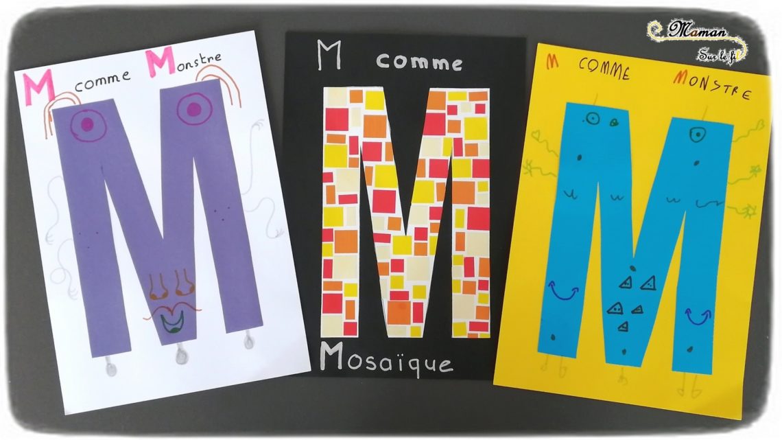 Abécédaire créatif - M comme Monstre et Mosaïque - activité manuelle enfants - dessin au dé - gommettes couleurs dégradé - apprentissage lettres alphabet - maternelle - mslf