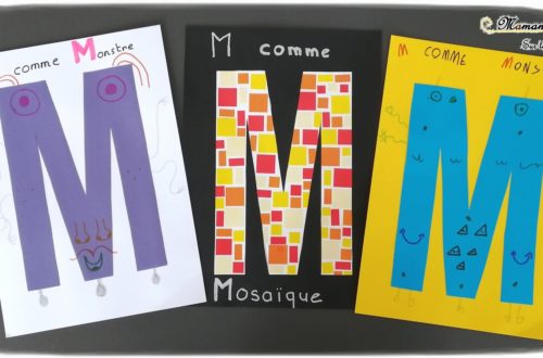 Abécédaire créatif - M comme Monstre et Mosaïque - activité manuelle enfants - dessin au dé - gommettes couleurs dégradé - apprentissage lettres alphabet - maternelle - mslf