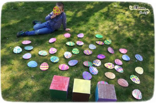 Activité enfants - jeu de pâques géant diy fait maison - Reconnaissance couleurs avec dés géants - vitesse et chasse aux oeufs - printable gratuit - à imprimer gratuitement - jardin - jeu evolutif - mslf