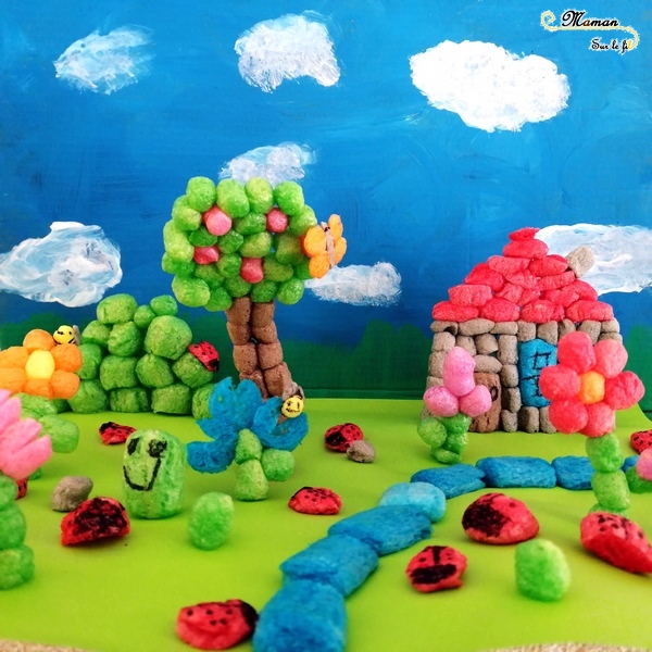 Activité enfants - Créer un paysage printanier en playmais - flocon de mais - jardin des insectes - petites bêtes - Maison, arbre, fleurs, coccinelles, papillons, abeilles - activité créative - mslf