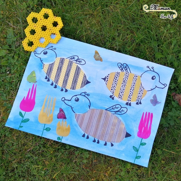 Activité Enfants - Tableau abeilles en bandes de papier avec motifs - Collage - Peinture - fourchette - dessin - Fleurs - Arts Visuels maternelle - mslf