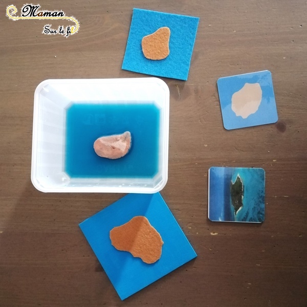 Activité enfants - découvrir travailler les contrastes et formes géographiques avec manipulation - puzzle - relief - cartes - feutrine sensoriel - eau - diy fait maison - mslf