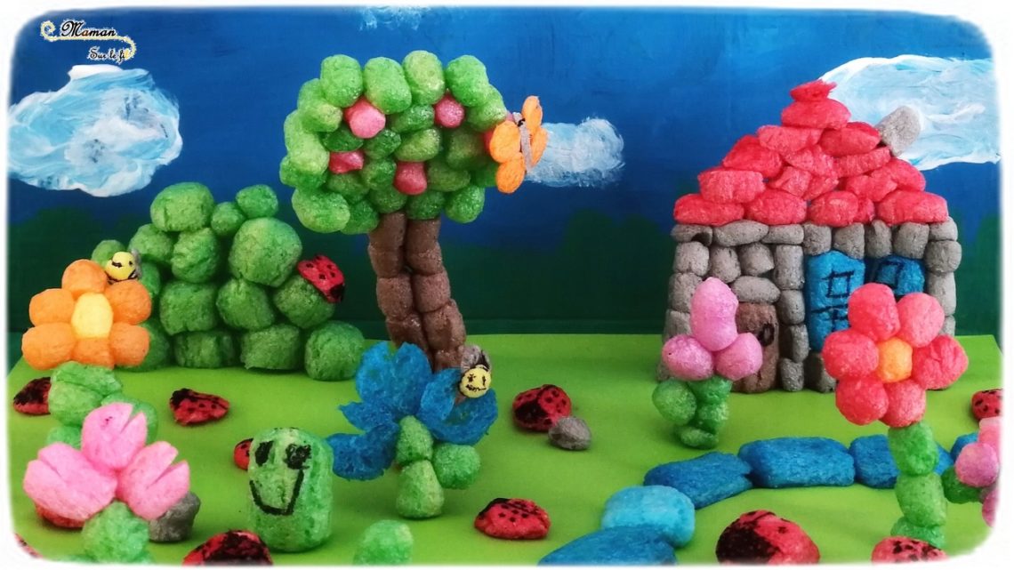 Activité enfants - Créer un paysage printanier en playmais - flocon de mais - jardin des insectes - petites bêtes - Maison, arbre, fleurs, coccinelles, papillons, abeilles - activité créative - mslf