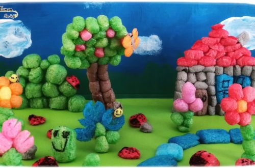 Activité enfants - Créer un paysage printanier en playmais - flocon de mais - jardin des insectes - petites bêtes - Maison, arbre, fleurs, coccinelles, papillons, abeilles - activité créative - mslf