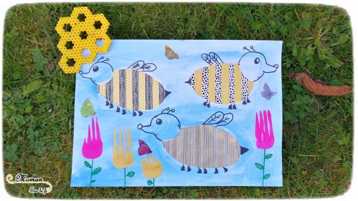 Activité Enfants - Tableau abeilles en bandes de papier avec motifs - Collage - Peinture - fourchette - dessin - Fleurs - Arts Visuels maternelle - mslf