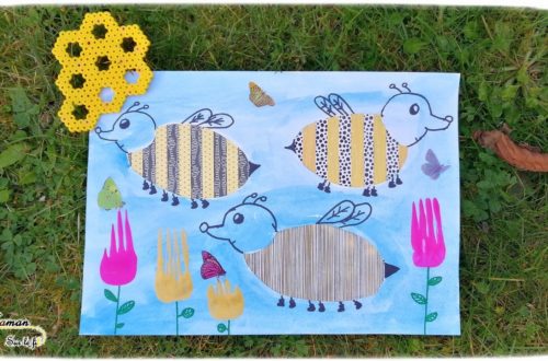 Activité Enfants - Tableau abeilles en bandes de papier avec motifs - Collage - Peinture - fourchette - dessin - Fleurs - Arts Visuels maternelle - mslf