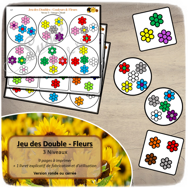 Jeu des doubles - fleurs et couleurs à télécharger et à imprimer - 3 niveaux (3 4 5 images) - Rond et Carré - Printemps - gratuit - lslf