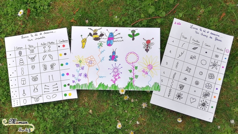 Champ de fleurs et insectes - Dessiner - Je lance le dé je dessine - jeu aux dés - dessin collaboratif - activité enfants - mslf