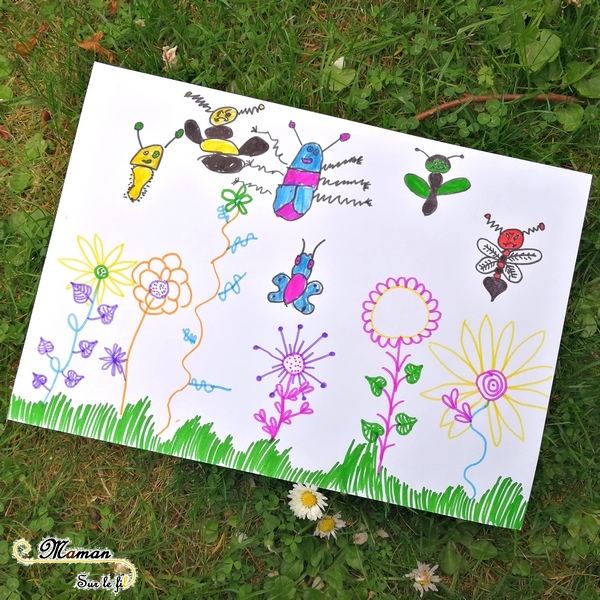 Champ de fleurs et insectes - Dessiner - Je lance le dé je dessine - jeu aux dés - dessin collaboratif - activité enfants - mslf