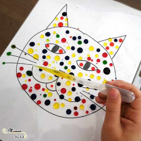 Colorier avec des gouttes d'eau - arc en ciel - fleur - printemps - papillon - chat - pipette et motricité fine - créatif - activité enfants - dessin coloriage - mslf