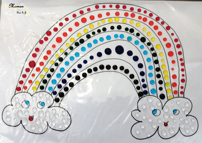 Colorier avec des gouttes d'eau - arc en ciel - fleur - printemps - papillon - chat - pipette et motricité fine - créatif - activité enfants - dessin coloriage - mslf