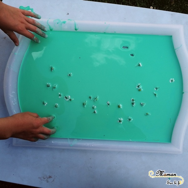 Activité enfants - pâte à patouille printanière - eau maizena fleurs - expérience sensorielle - toucher - fluide non newtonien - liquide solide - mslf