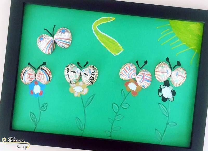 Activité Enfants - Tableau papillons avec coquillages- Collage - Peinture et dessin - Fleurs et paysage - Arts Visuels maternelle - mslf