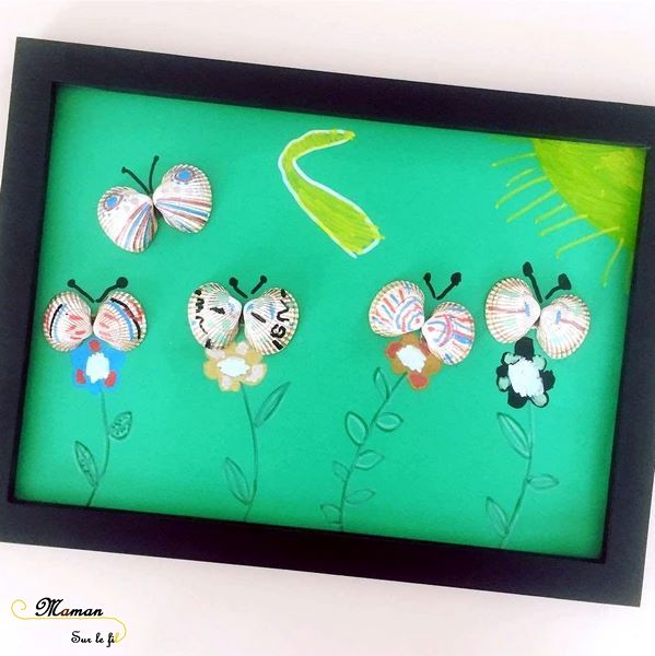 Activité Enfants - Tableau papillons avec coquillages- Collage - Peinture et dessin - Fleurs et paysage - Arts Visuels maternelle - mslf