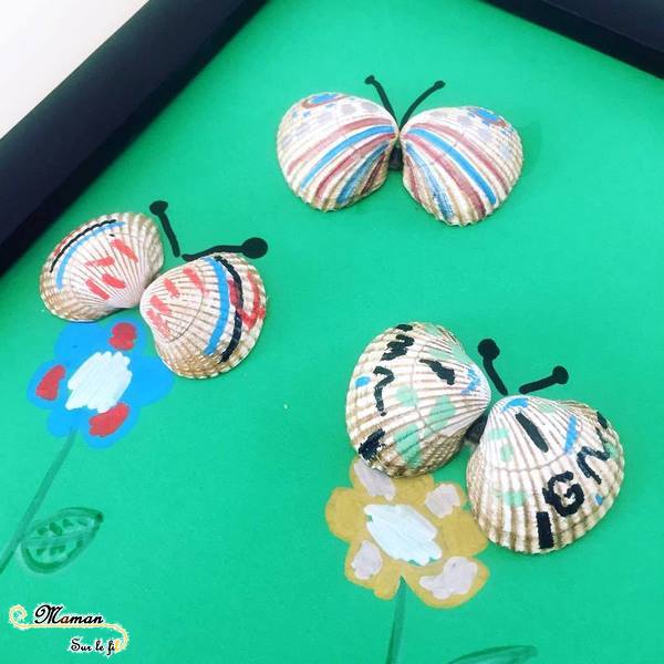 Activité Enfants - Tableau papillons avec coquillages- Collage - Peinture et dessin - Fleurs et paysage - Arts Visuels maternelle - mslf