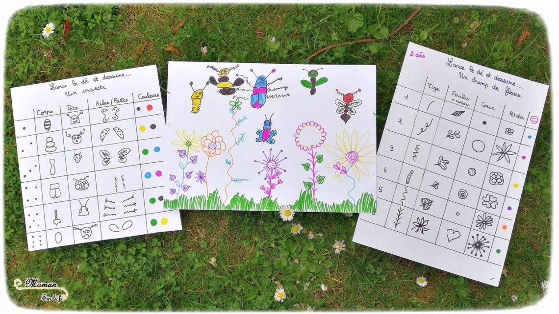 Champ de fleurs et insectes - Dessiner - Je lance le dé je dessine - jeu aux dés - dessin collaboratif - activité enfants - mslf