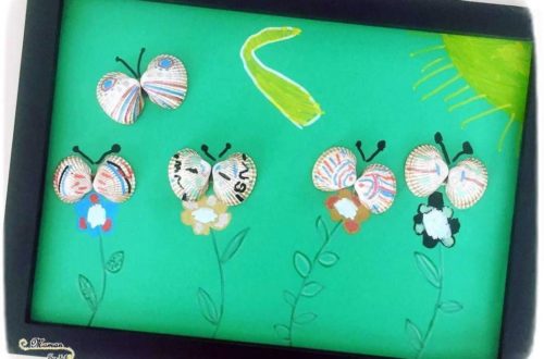 Activité Enfants - Tableau papillons avec coquillages- Collage - Peinture et dessin - Fleurs et paysage - Arts Visuels maternelle - mslf