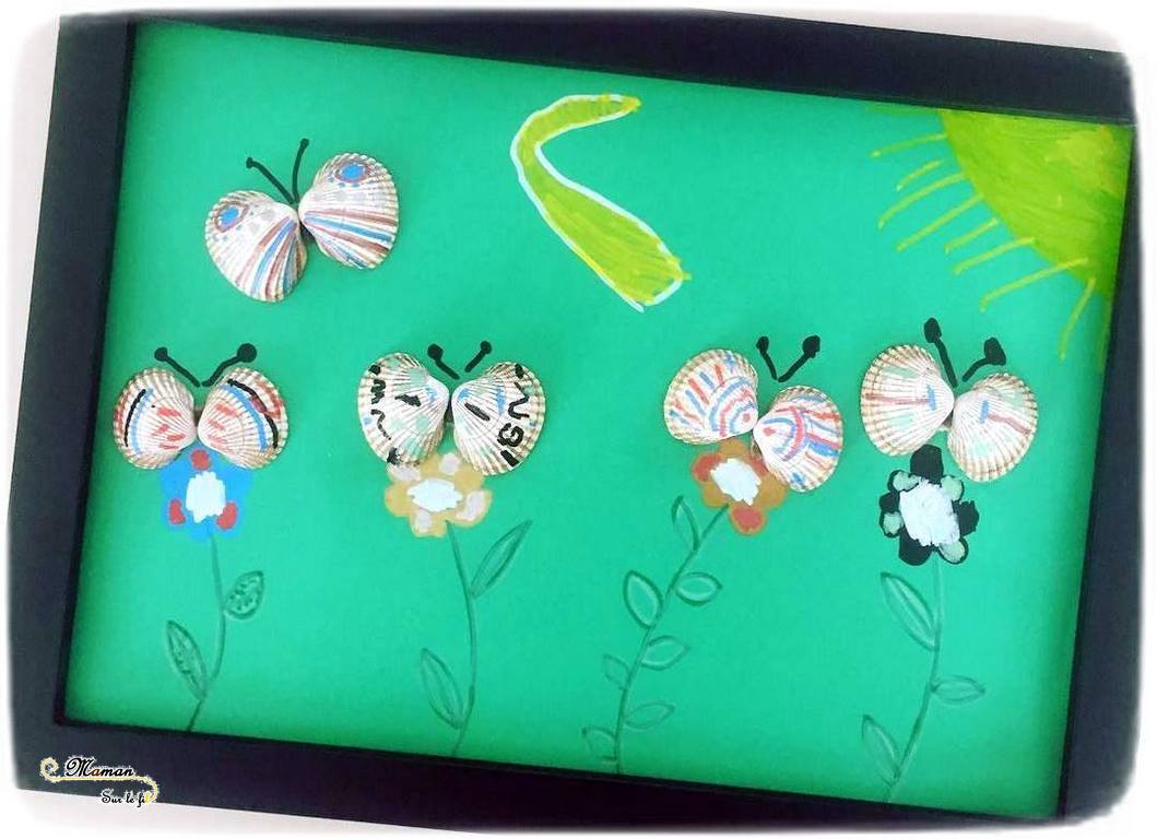 Activité Enfants - Tableau papillons avec coquillages- Collage - Peinture et dessin - Fleurs et paysage - Arts Visuels maternelle - mslf