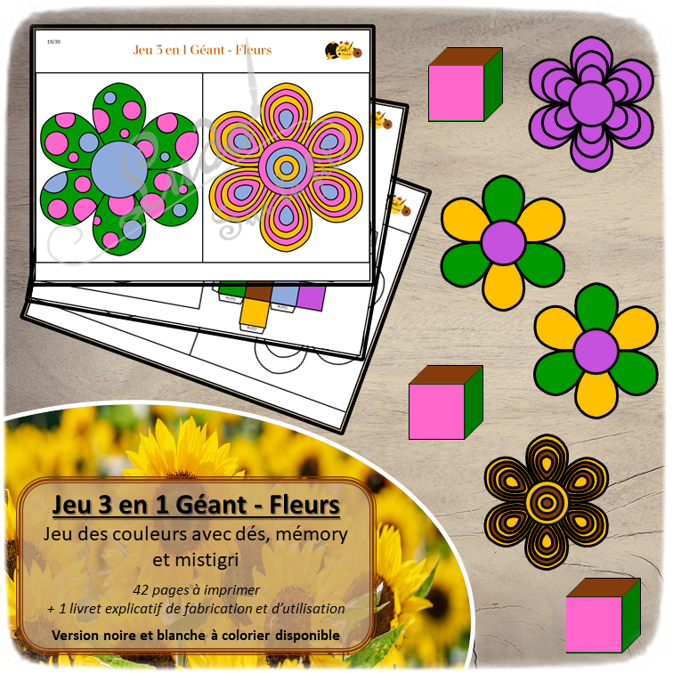 Jeu 3 en 1 Géant fleurs à télécharger et à imprimer - Couleurs et noir et blanc à colorier - Memory - Mistigri - Jeu couleurs aux dés - Printemps - lslf