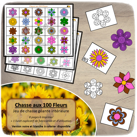 Chasse aux 100 fleurs à télécharger et à imprimer - Couleurs et noir et blanc à colorier - chasse géante intérieure - Printemps - lslf