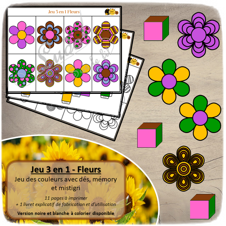 Jeu 3 en 1 fleurs à télécharger et à imprimer - Couleurs et noir et blanc à colorier - Memory - Mistigri - Jeu couleurs aux dés - Printemps - lslf