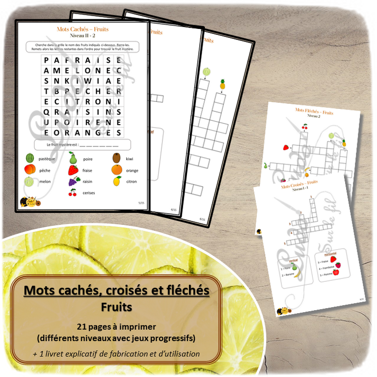 Mots cachés, croisés, fléchés fruits - Plusieurs niveaux - parfait pour initiation - orthographe - repérage espace - à télécharger - à imprimer - lslf