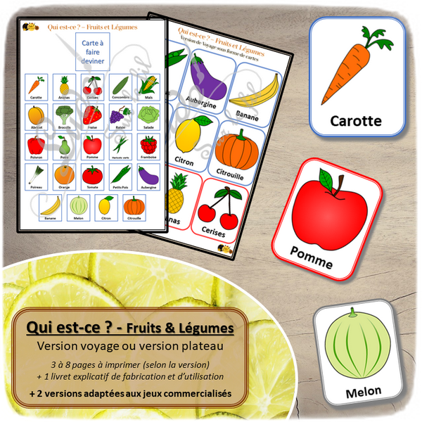 Qui est-ce ? - fruits et légumes - à télécharger et à imprimer - Version plateau ou de voyages - cartes - adapté au jeu classique ou au jeu à fiches amovibles - Printemps - lslf