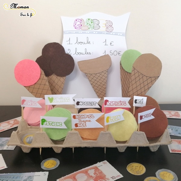 Activité Enfants - créer une marchande de glaces - Jouer au marchand de glaces - TRavail sur monnaie et rendu - DIY Récup Carton - Activité imitation été - mslf