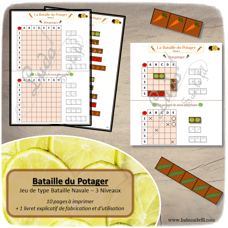 bataille du potager à télécharger et imprimer - 3 niveaux - Fruits et Légumes - repérage dans l'espace et grille codée - stratégie - jeux évolutifs documents numériques - lslf