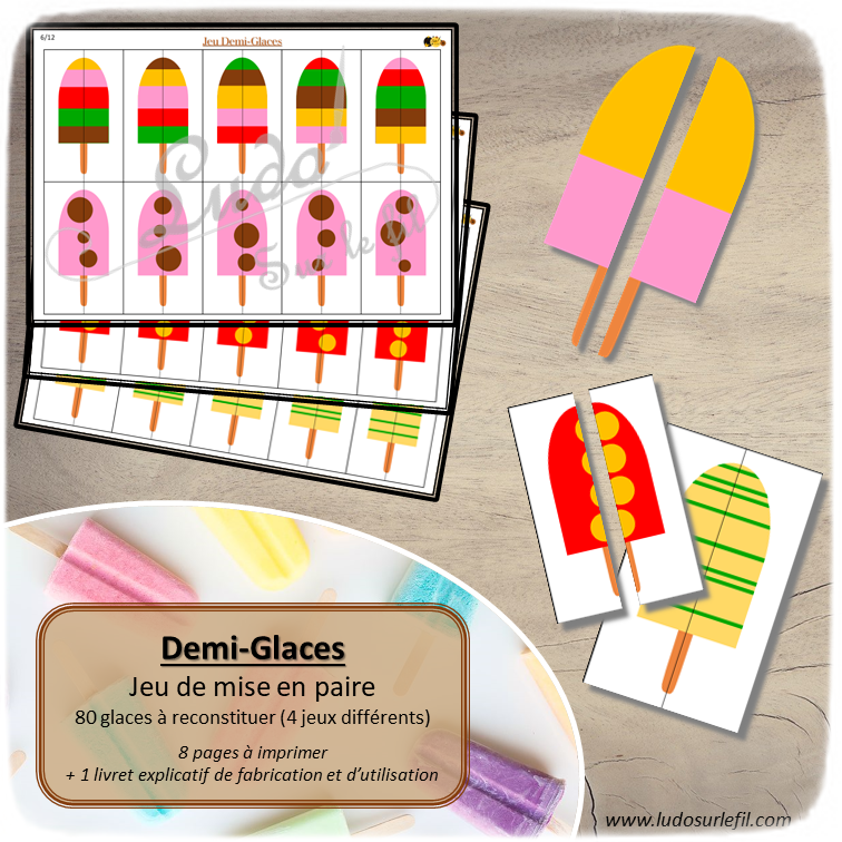 Jeu de mise en paire Demi-glaces à télécharger et imprimer - 80 glaces à reconstituer avec contraintes - progressif 4 niveaux - été - observation, discrimination visuelle - jeux évolutifs documents numériques - lslf