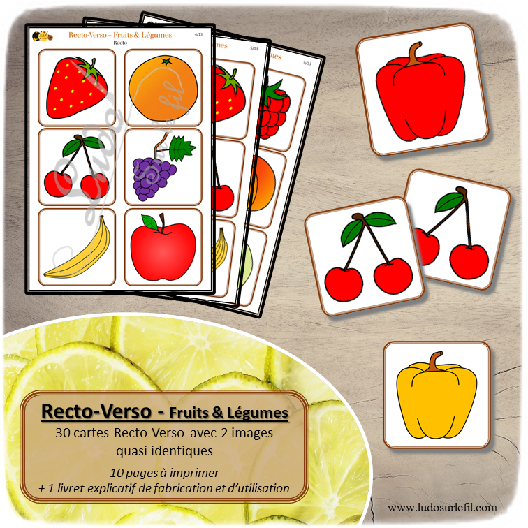 Recto Verso Fruits et Légumes à télécharger et imprimer - 30 cartes recto-verso avec une différence - printemps - observation, mémoire, discrimination visuelle - jeux évolutifs documents numériques - lslf