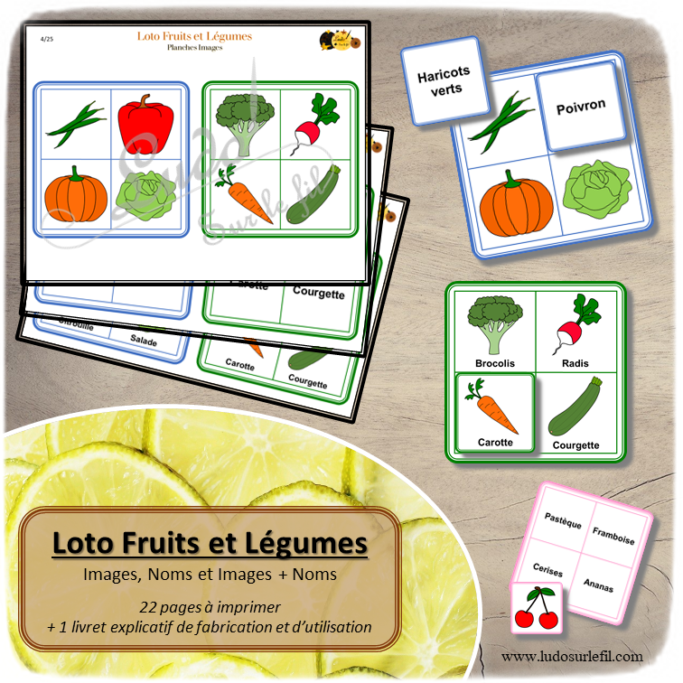 Loto Fruits et Légumes à télécharger et imprimer - 8 planches de 4 images - printemps - observation, discrimination visuelle, apprentissage de la lecture - jeux évolutifs documents numériques - lslf