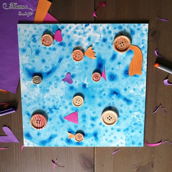 Créer un tableau de la mer ou aquarium avec des boutons - Animaux marins, poissons - Peinture bulles et papier bulle - Activité créative enfants été - Arts Visuels activité enfants - mslf