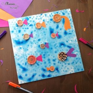 Créer un tableau de la mer ou aquarium avec des boutons - Animaux marins, poissons - Peinture bulles et papier bulle - Activité créative enfants été - Arts Visuels activité enfants - mslf