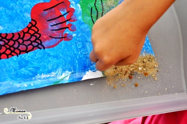 Activité Enfants été et premier avril - Peindre des aquariums avec les pieds - Papier Bulles et empreintes Poisson et algue - Art visuel Maternelle - Activité créative - mslf