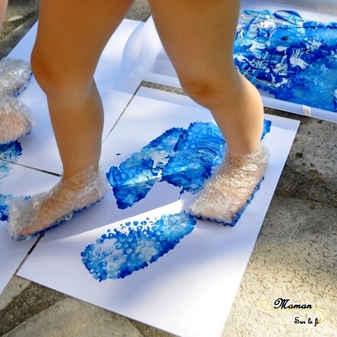 Activité Enfants été et premier avril - Peindre des aquariums avec les pieds - Papier Bulles et empreintes Poisson et algue - Art visuel Maternelle - Activité créative - mslf