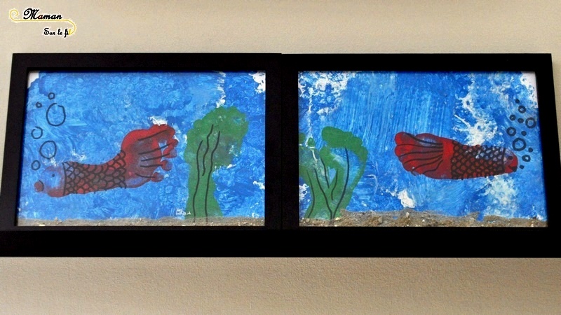 Activité Enfants été et premier avril - Peindre des aquariums avec les pieds - Papier Bulles et empreintes Poisson et algue - Art visuel Maternelle - Activité créative - mslf