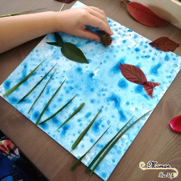 Créer un tableau des fonds marins avec des éléments de la nature - Land Art - Animaux marins, poissons, méduses, algues - Peinture bulles et papier bulle - Activité créative enfants été - Arts Visuels activité enfants - mslf