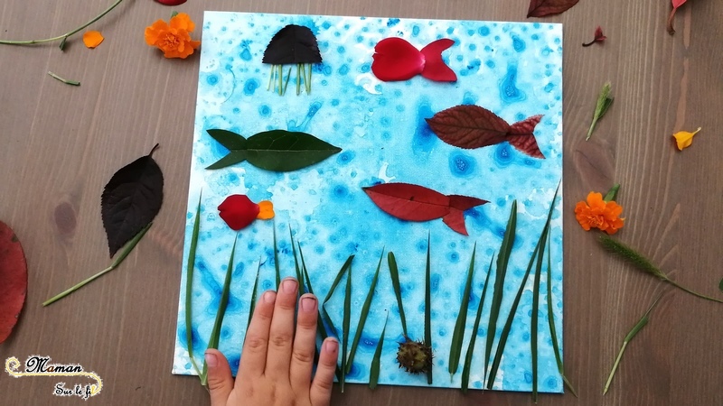 Créer un tableau des fonds marins avec des éléments de la nature - Land Art - Animaux marins, poissons, méduses, algues - Peinture bulles et papier bulle - Activité créative enfants été - Arts Visuels activité enfants - mslf