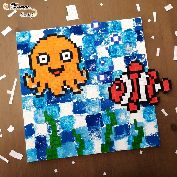 Créer un tableau de la mer en pixel art - Animaux marins, poissons, pieuvre, algues - Peinture mosaïque à l'éponge - Activité créative enfants été - Arts Visuels activité enfants - mslf